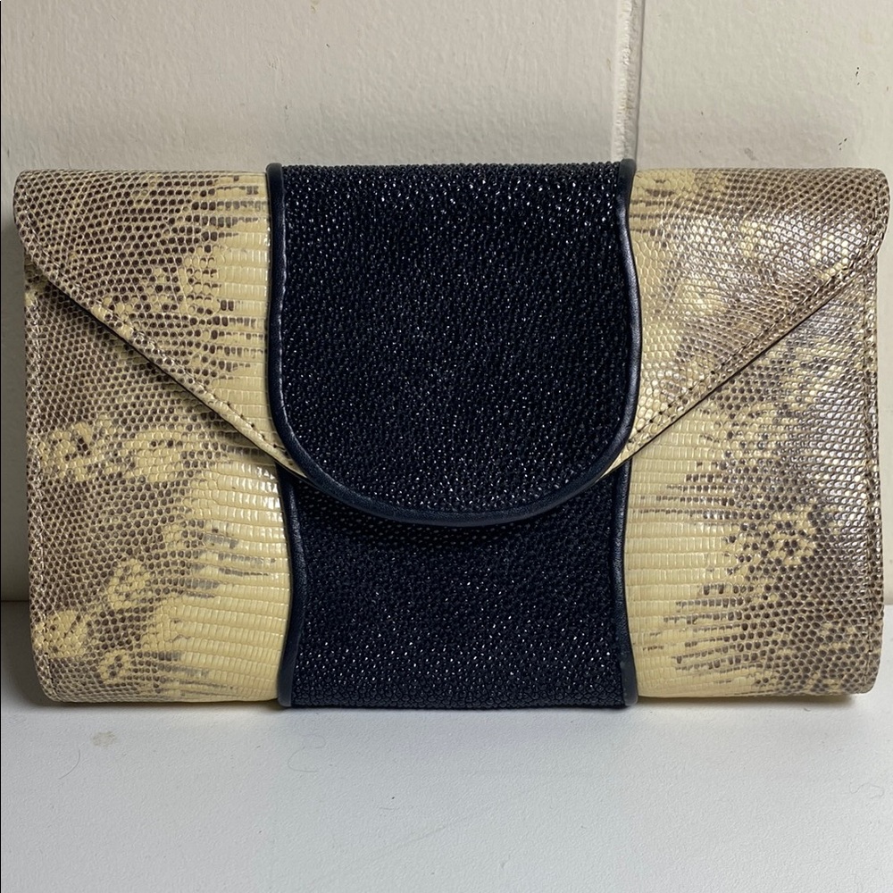 Chic Black Shagreen and Cream Snakeskin Clutch